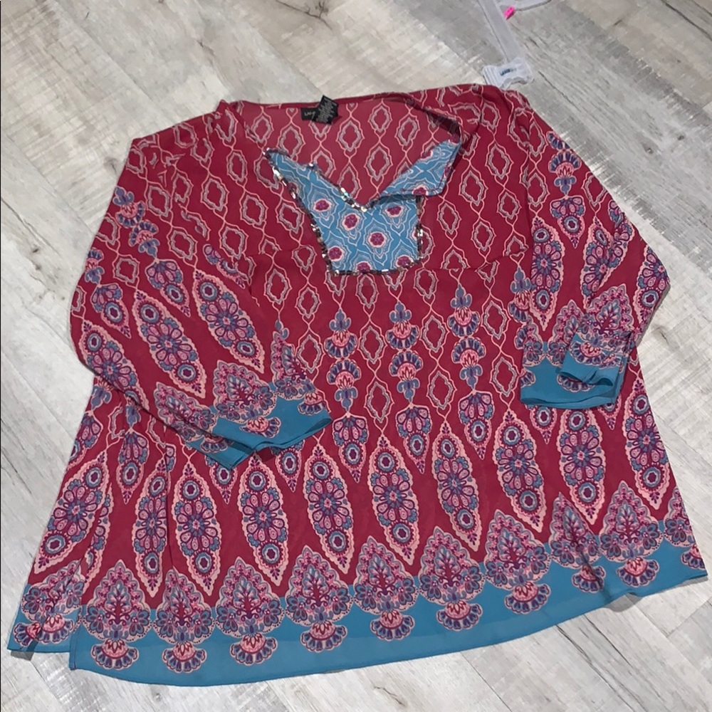 Lane Bryant Red and Blue beach coverup with Mandarin Collar
